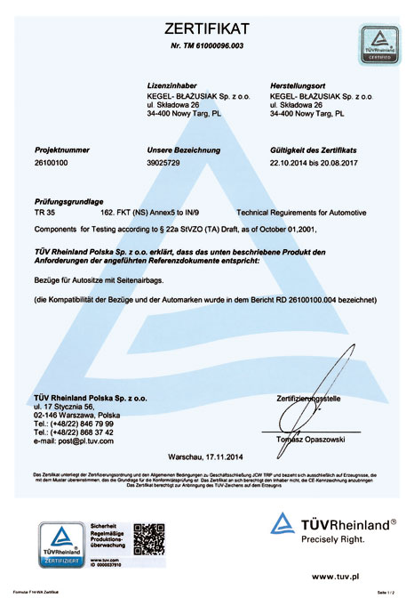 Certyfikat TUV - KEGEL-BŁAŻUSIAK