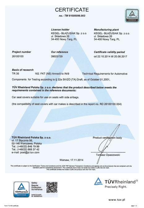 Certyfikat TUV - KEGEL-BŁAŻUSIAK